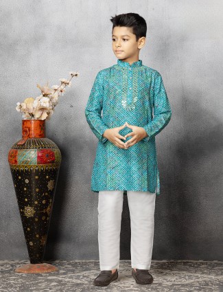 Silk printed rama blue kurta suit