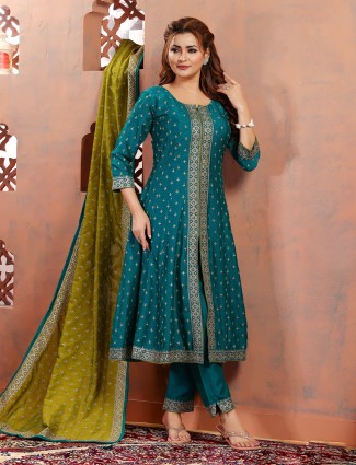 Silk rama blue salwar suit with contrast dupatta