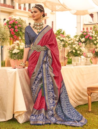 Silk red and blue patola printed saree
