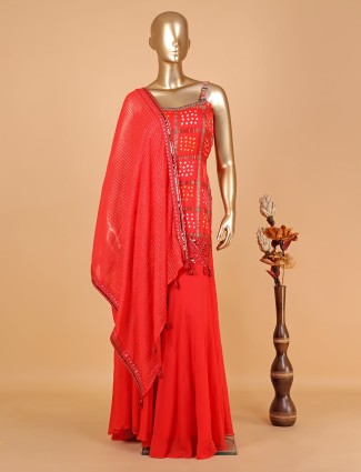 Silk red printed palazzo suit with dupatta