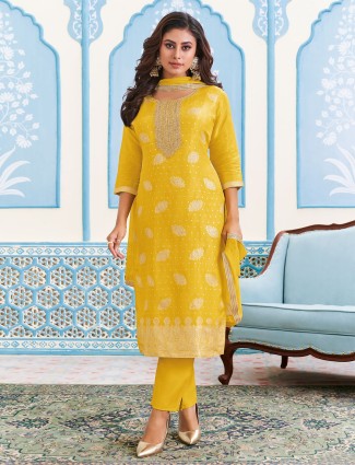 Silk yellow straight cut salwar suit