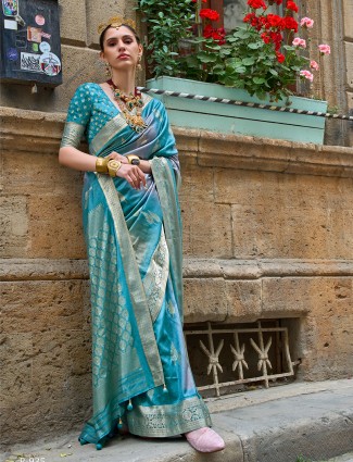 Silk zari weaving rama blue saree