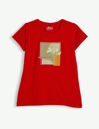 Simple red cotton printed t shirt