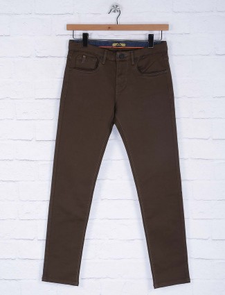 Six Element solid brown slim fit trouser