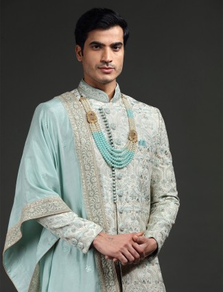 Sky blue and white silk groom sherwani