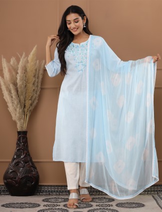 Sky blue cotton kurti set with printed dupatta