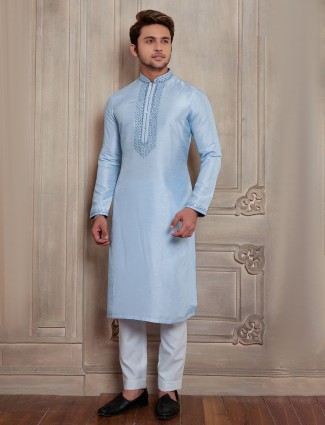 Sky blue festive kurta suit in raw silk