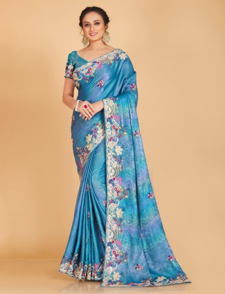 Sky blue hue silk saree for wedding