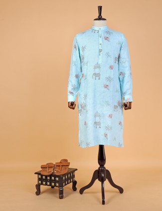 Sky blue printed linen kurta suit