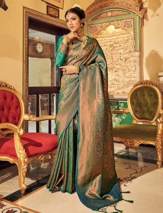 Soft silk green zari weaving saree