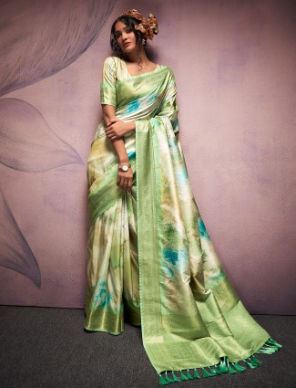 Soft silk printed light green saree