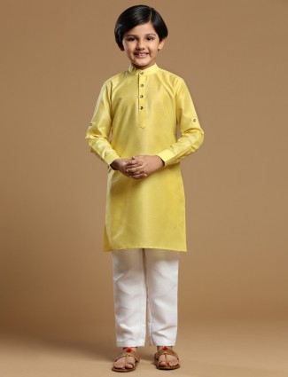 Solid light yellow boys cotton kurta suit