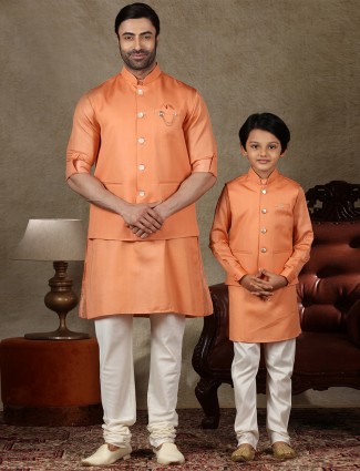 Solid orange cotton silk waistcoat set for father and son