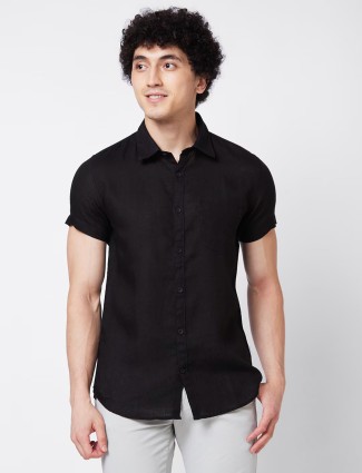 SPYKAR black plain linen shirt