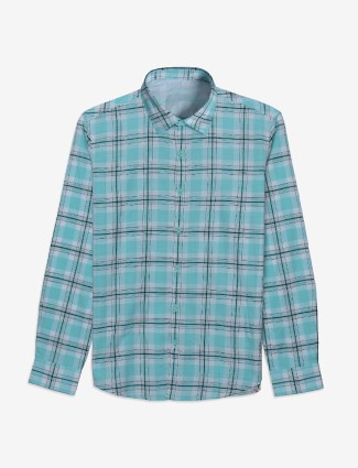 Spykar cotton checks aqua shirt