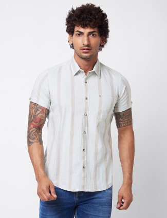 SPYKAR off white stripe half sleeves shirt