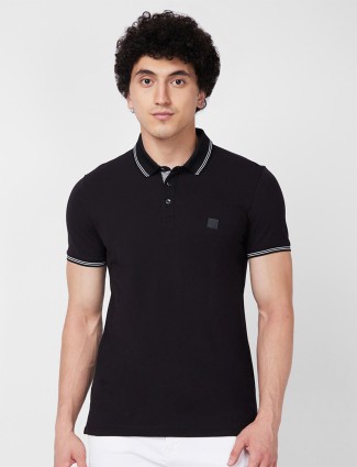 SPYKAR plain black cotton polo t-shirt