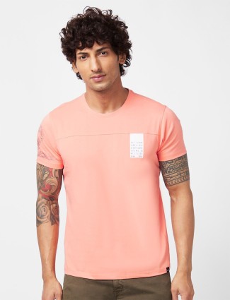 Spykar plain peach cotton t shirt