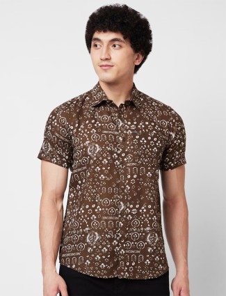 Spykar printed brown half sleeve shirt