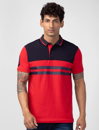 Spykar red and navy cotton polo t shirt