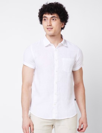 SPYKAR white plain linen shirt