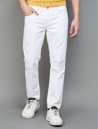 Spykar white ripped slim tapered fit jeans