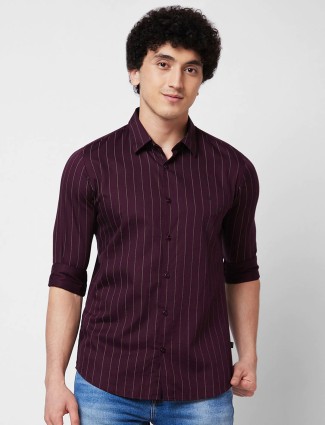 SPYKAR wine cotton stripe shirt