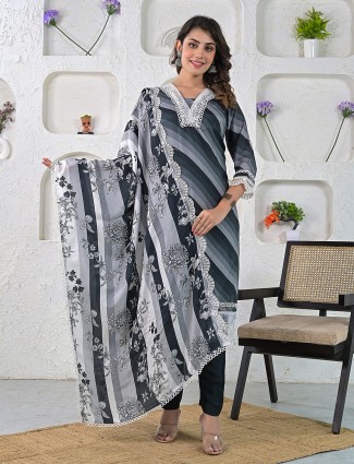 Stripe black and grey cotton kurti set