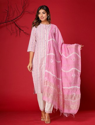 Stripe light pink kurti set in cotton