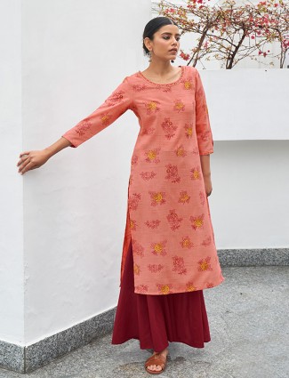 Stuning coral pink cotton casual occasions printed kurti