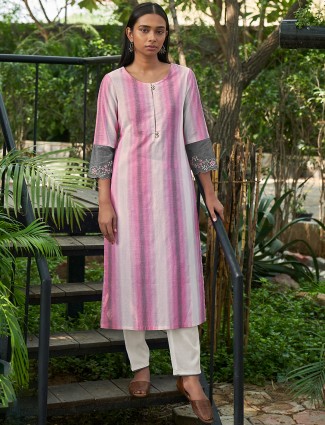 Stuning pink cotton casual occasions stripe kurti
