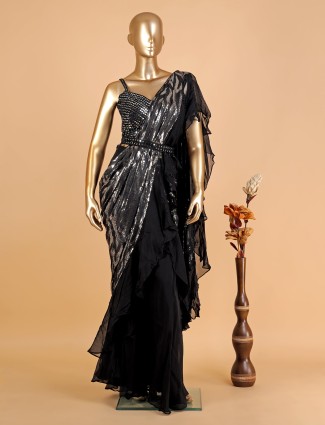 Stunning black pre-stitched saree
