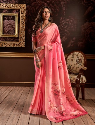 Stunning coral pink silk printed saree