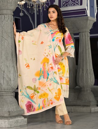 Stunning printed cream silk kurti set