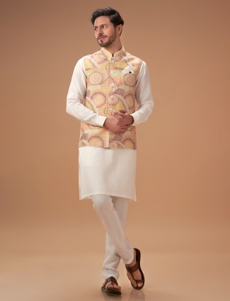 Stunning printed cream waistcoat set in silk