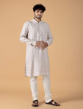 Stunning printed off white kurta suit