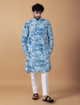 Stunning printed sky blue cotton kurta suit