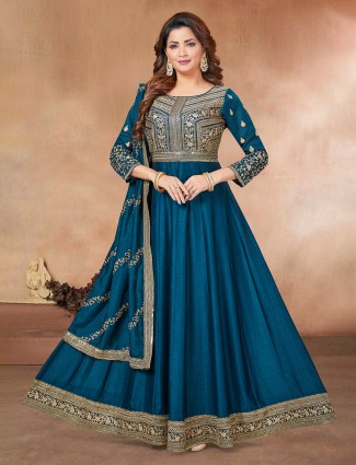 Stunning rama blue silk anarkali suit