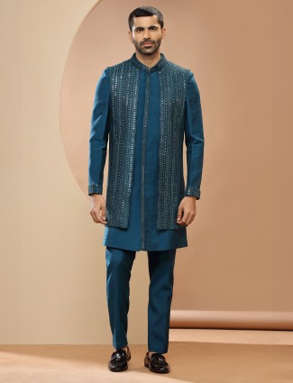 Stunning rama blue silk indowestern