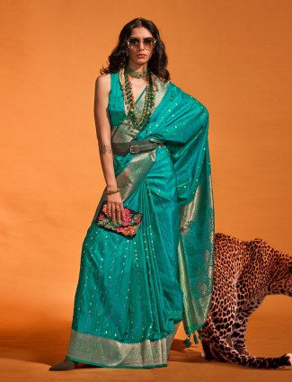 Stunning rama green satin silk saree