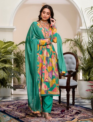 Stunning rama green silk printed kurti set