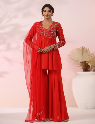 Stunning red georgette sharara suit