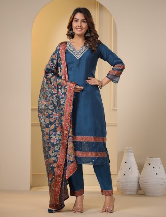 Stunning silk rama blue kurti set