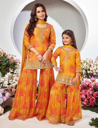 Stunning yellow georgette printed sharara suit