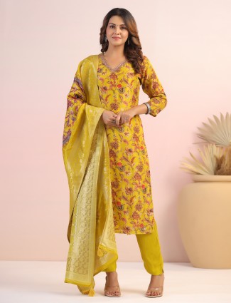 Stunning yellow printed kurti set in silk