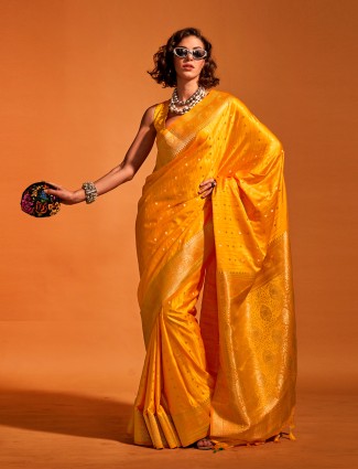 Beutiful Pure Soft Silk Saree Designer Lime Yellow and Red Saree