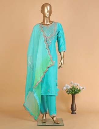 Stylish aqua silk salwar suit