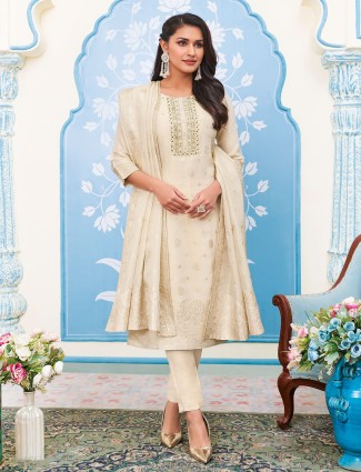 Stylish beige silk salwar suit for festive