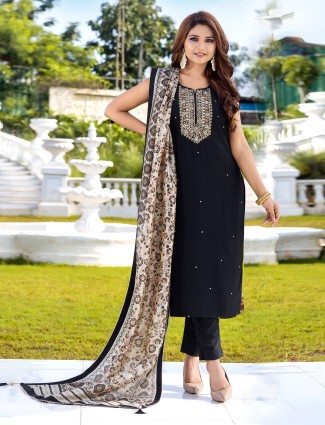 Stylish black salwar suit with printed dupatta