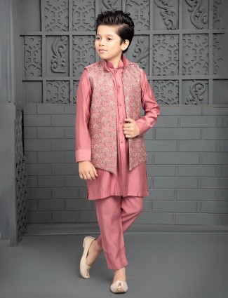 Stylish coral pink silk waistcoat set
